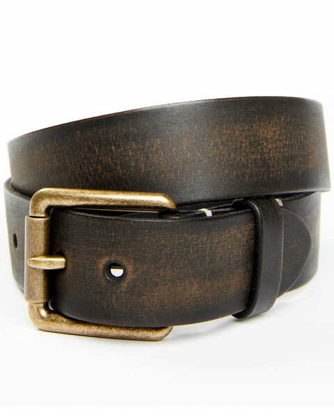 Brother & Sons Men's Distressed Leather & Brass Buckle Belt, Black, hi-res