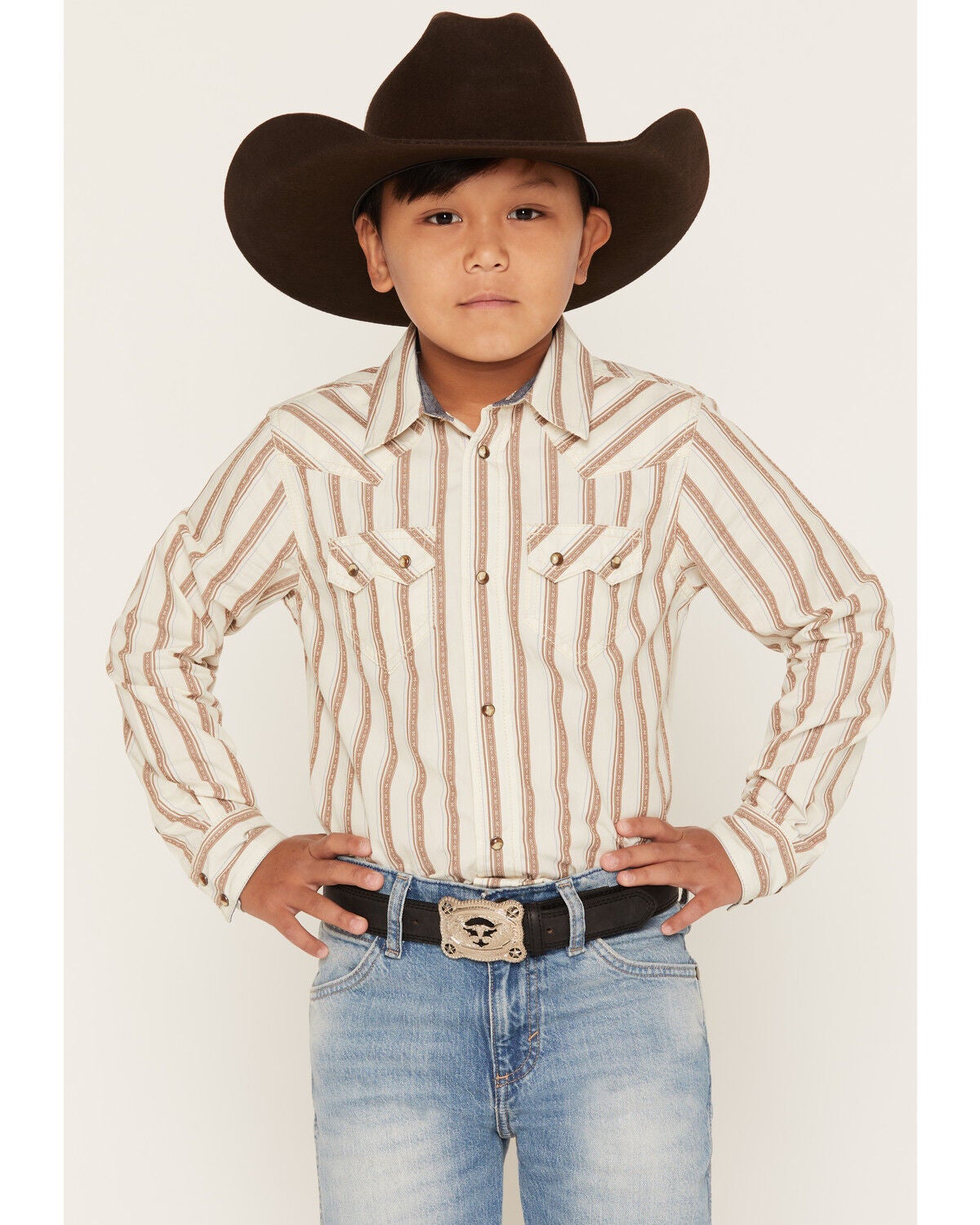 Image #1 - Cody James Boys' Trigger Striped Print Long Sleeve Snap Western Shirt, Cream, hi-res