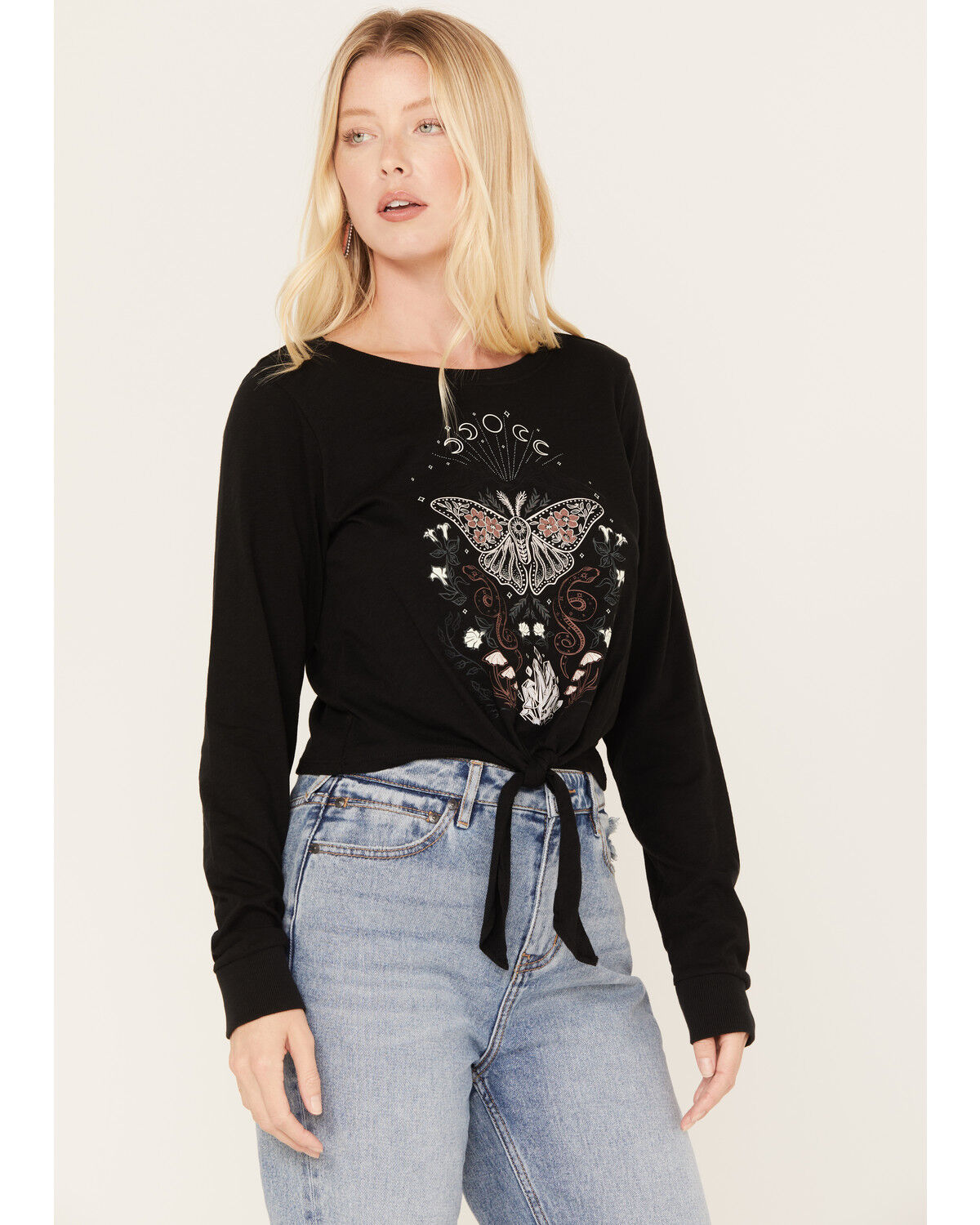 Image #2 - Shyanne Women's Tie-Front Butterfly Graphic Long Sleeve Tee, Black, hi-res