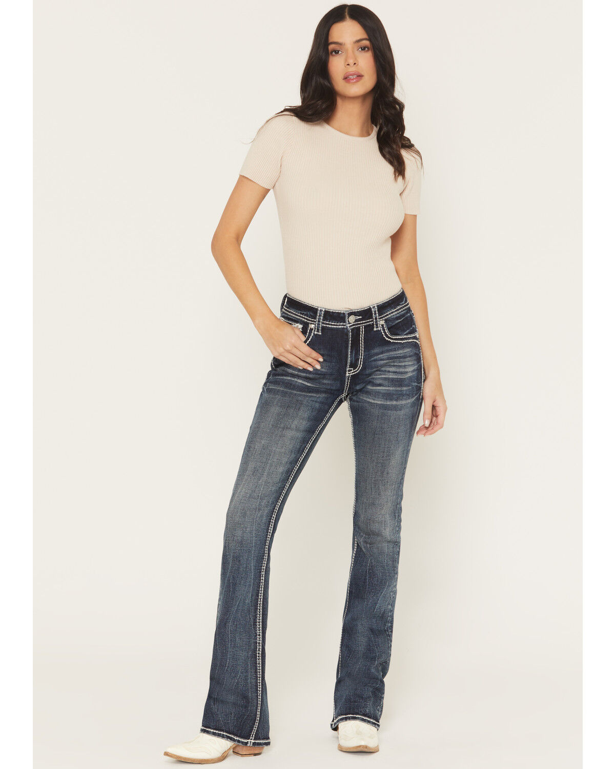Image #3 - Grace in LA Women's Medium Wash Mid Rise Embellished Bootcut Stretch Denim Jeans, Medium Wash, hi-res