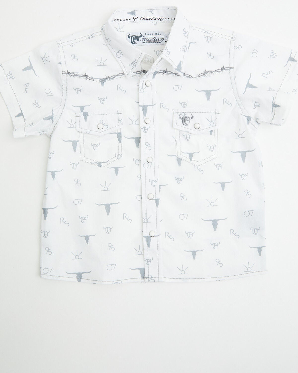 Image #1 - Cowboy Hardware Toddler Boys' Branding Iron Short Sleeve Snap Western Shirt, White, hi-res