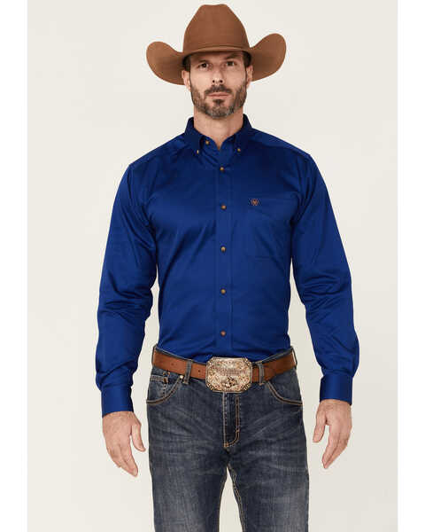 Image #1 - Ariat Men's Solid Royal Blue Twill Fitted Long Sleeve Button-Down Western Shirt , Royal Blue, hi-res