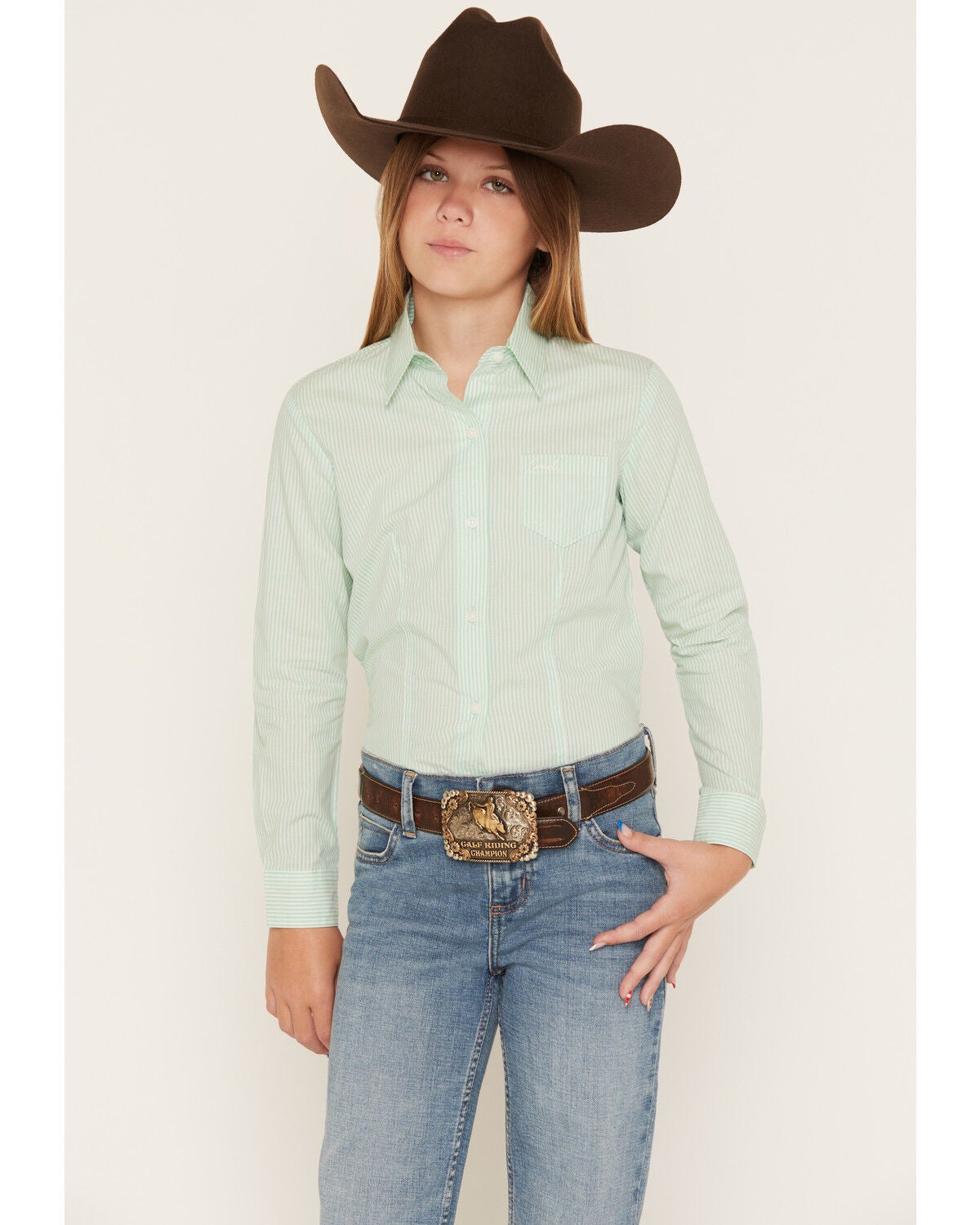 Cruel Girl Girls' Striped Print Long Sleeve Button-Down Western Shirt, Turquoise, hi-res