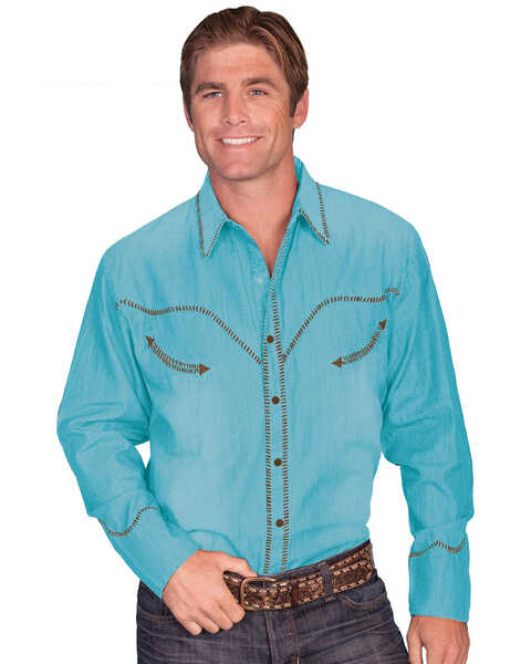 Scully Men's Solid Whipstitch Denim Retro Long Sleeve Western Shirt, Turquoise, hi-res