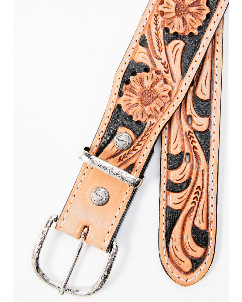 Double J Saddlery Men's Floral Tooled Tapered Leather Belt, Brown, hi-res