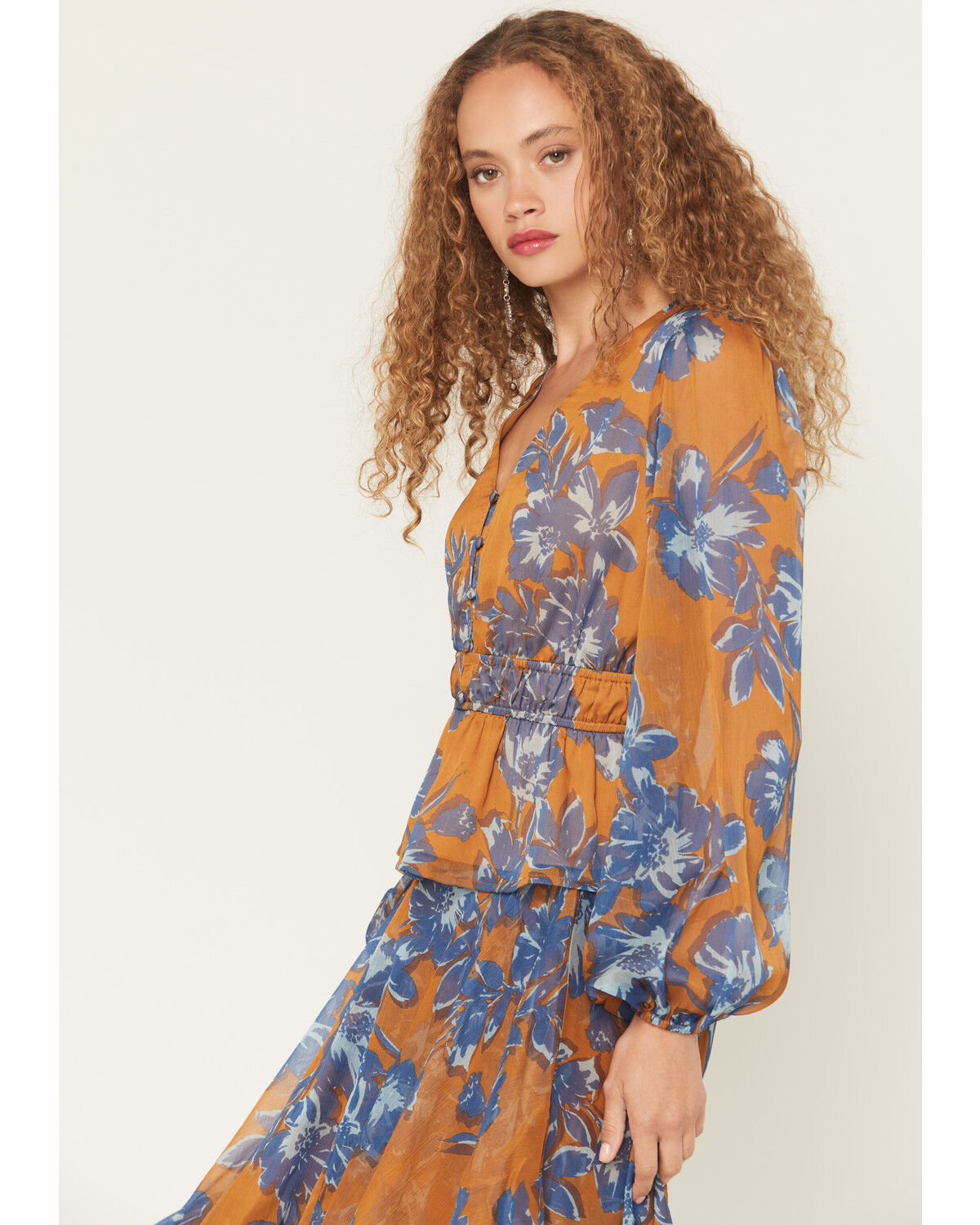 Image #2 - Shyanne Women's Floral Print Long Sleeve Chiffon Shirt, Pecan, hi-res