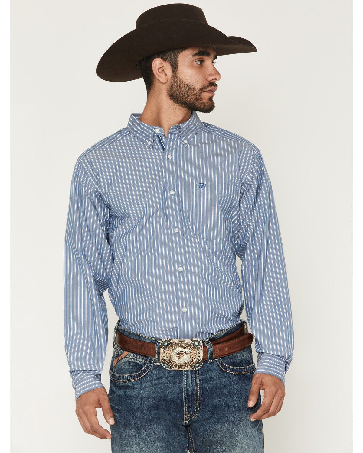 Ariat Men's Pro Series Judah Striped Fitted Long Sleeve Western Shirt, Blue, hi-res
