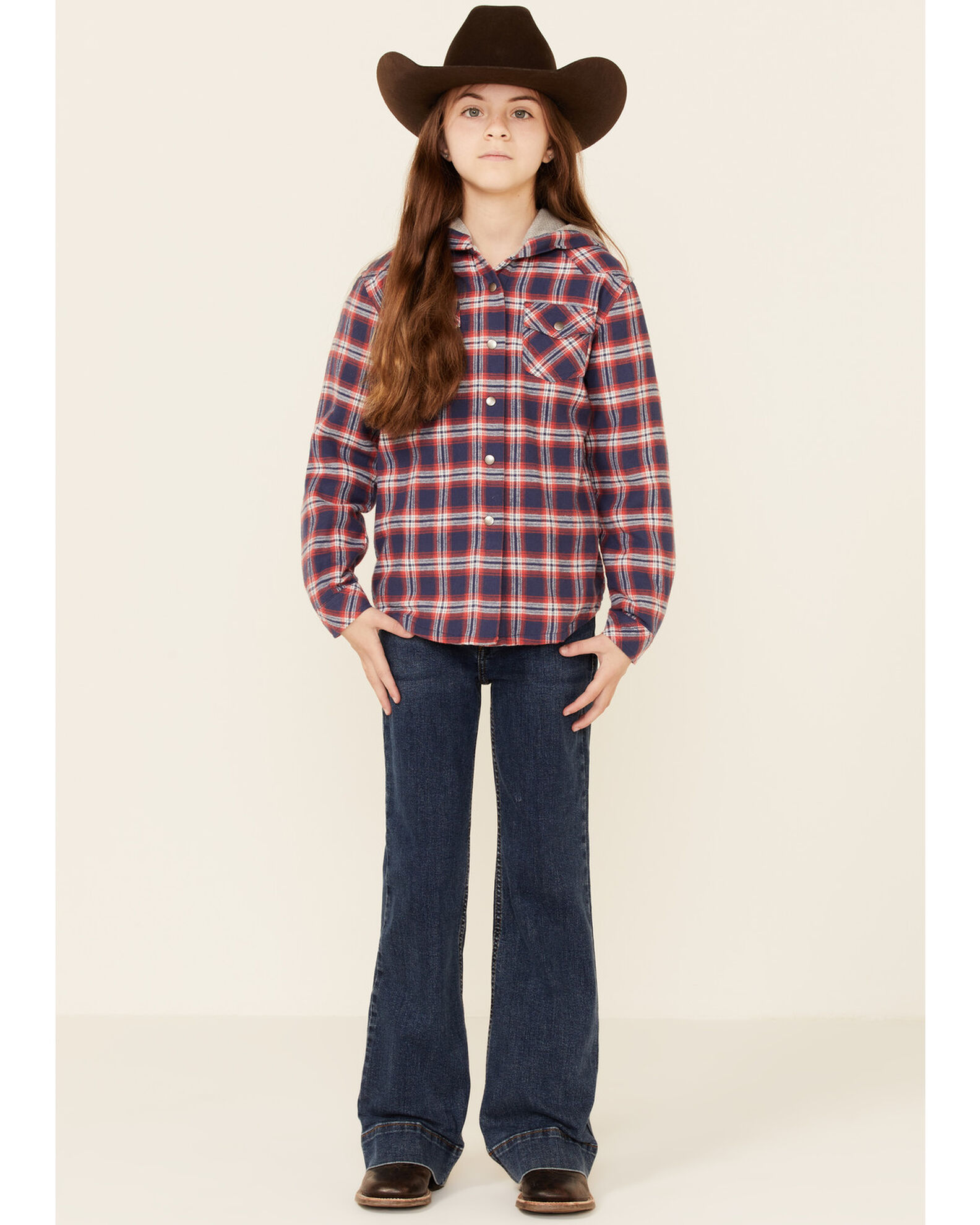Image #2 - Roper Girls' Plaid Print Thermal Lined Snap-Front Hooded Jacket, Blue, hi-res