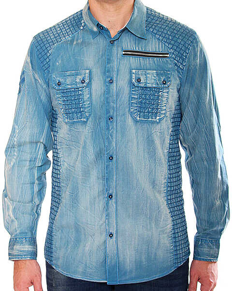 Image #1 - Austin Season Men's Criss-Cross Pattern Long Sleeve Western Shirt , Blue, hi-res