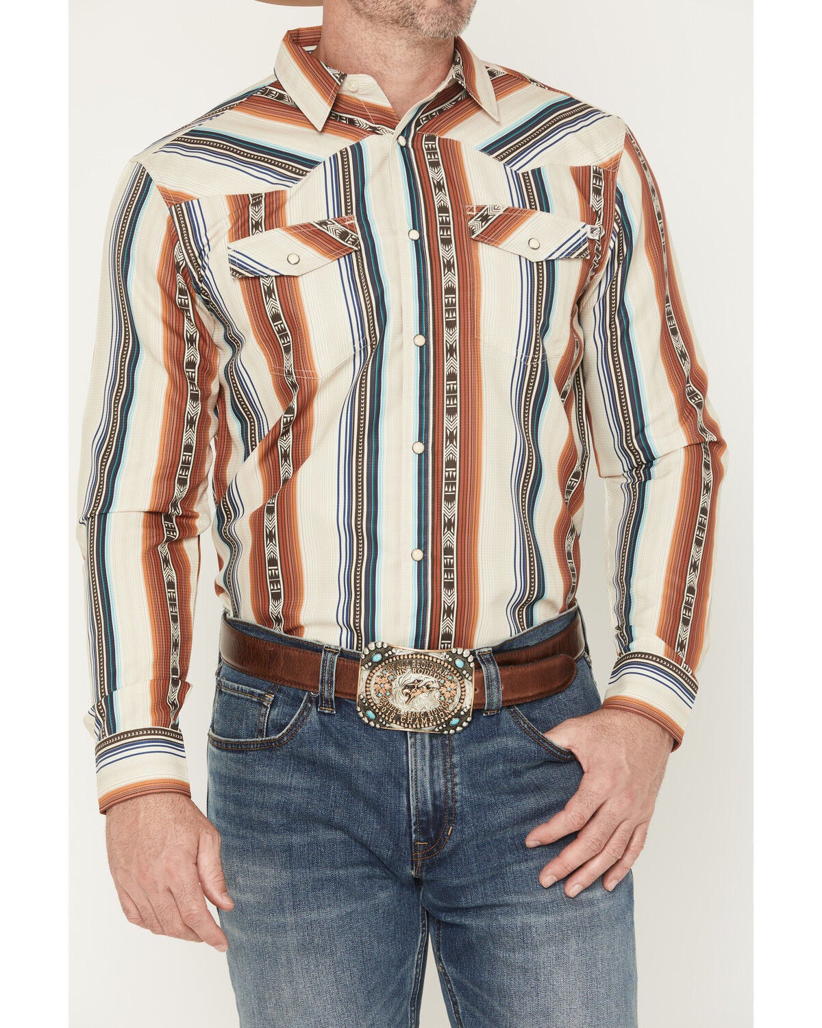 Image #3 - RANK 45&reg; Men's Range Rider Striped Long Sleeve Snap Performance Western Shirt, Ivory, hi-res