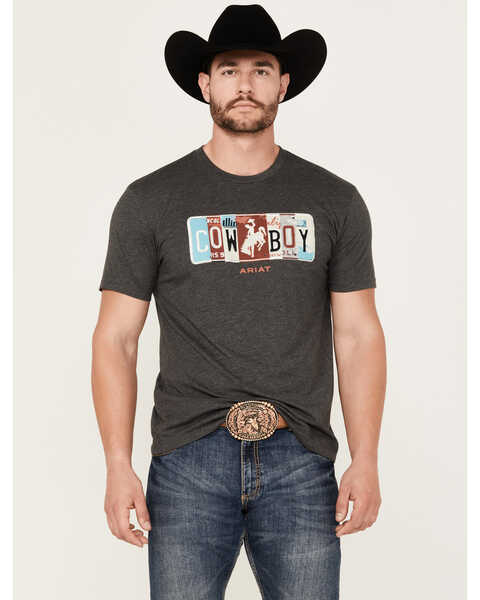 Image #1 - Ariat Men's License Plate Cowboy Short Sleeve Graphic T-Shirt, Charcoal, hi-res