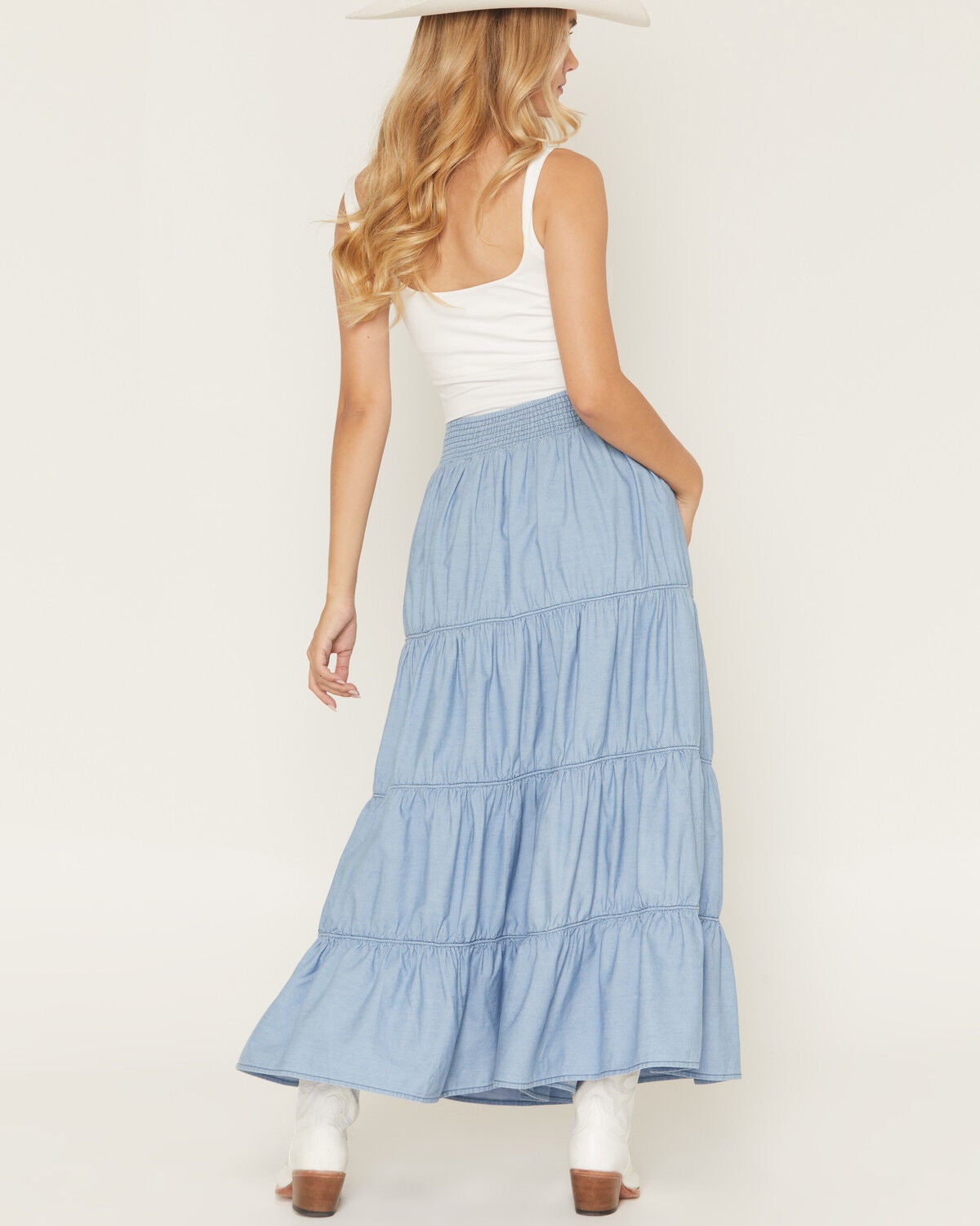 Image #3 - Ashley Women's Medium Washed Tiered Denim Midi Skirt, Medium Wash, hi-res