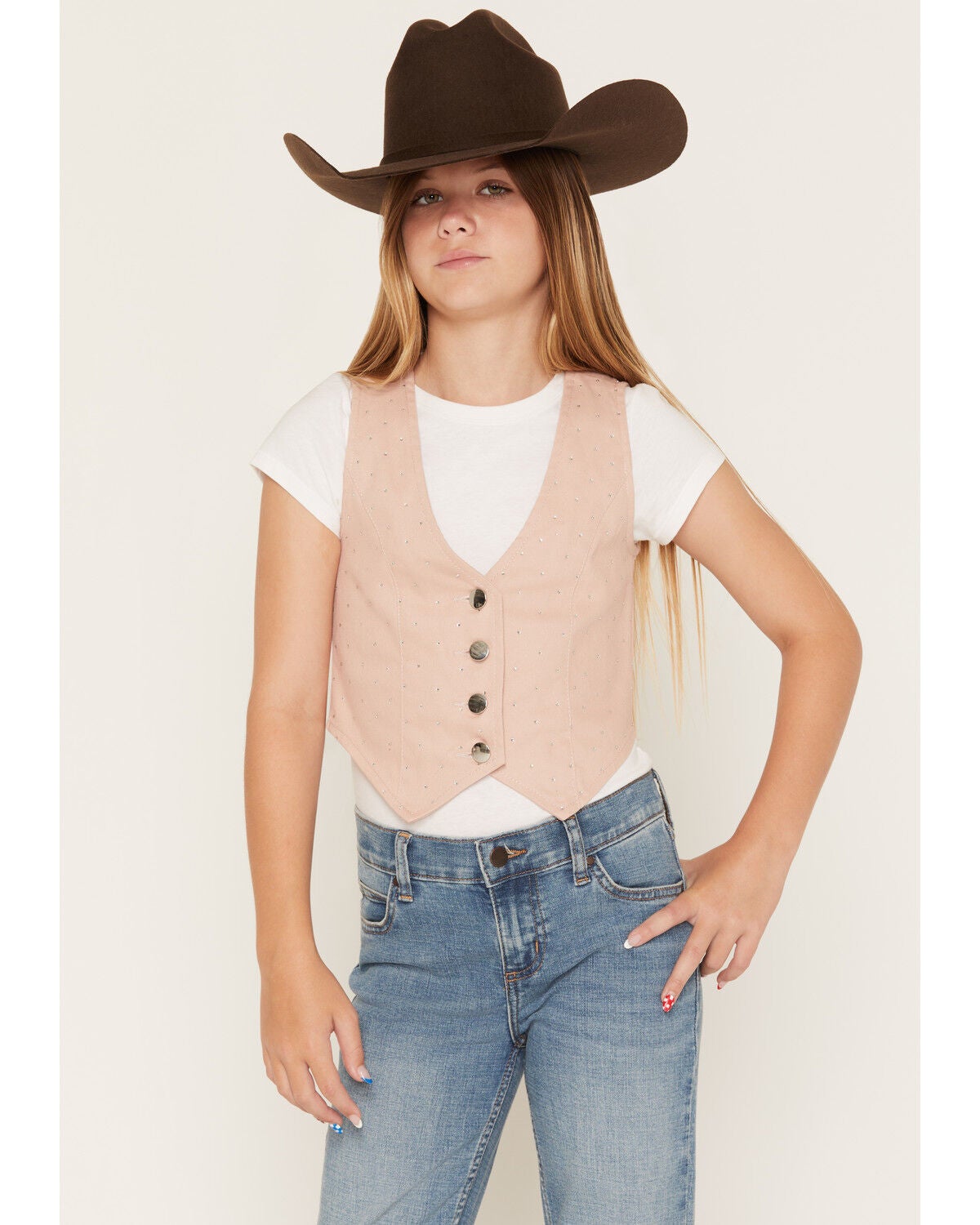 Ashley Girls' Embellished Denim Vest, Pink, hi-res