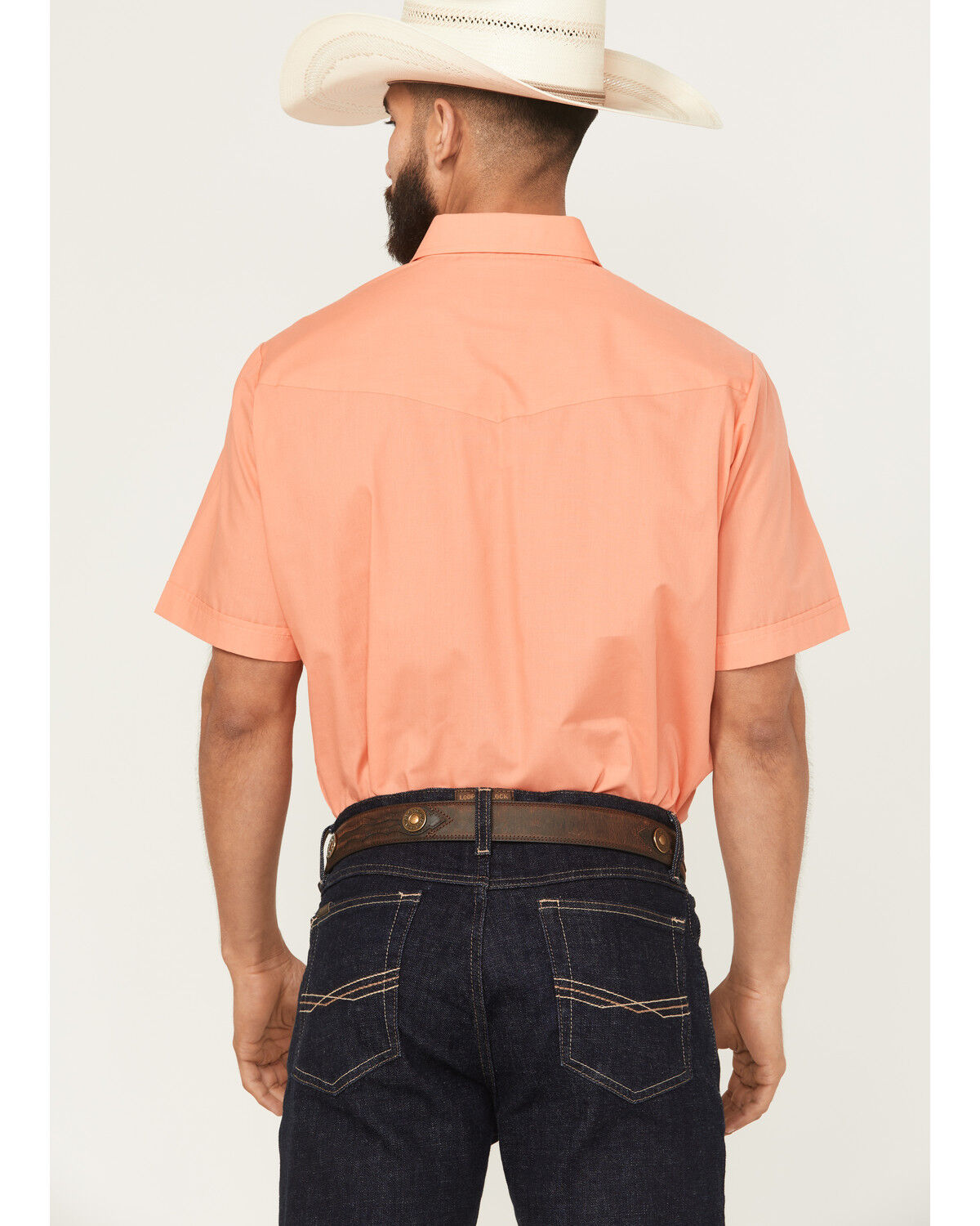 Image #4 - Ely Walker Men's Solid Short Sleeve Pearl Snap Western Shirt, Coral, hi-res