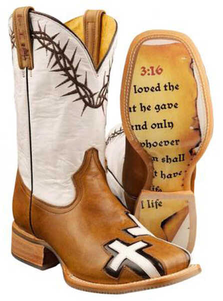 Tin Haul Men's Between Two Thieves John 3:16 Western Boots - Broad Square Toe, Brown, hi-res