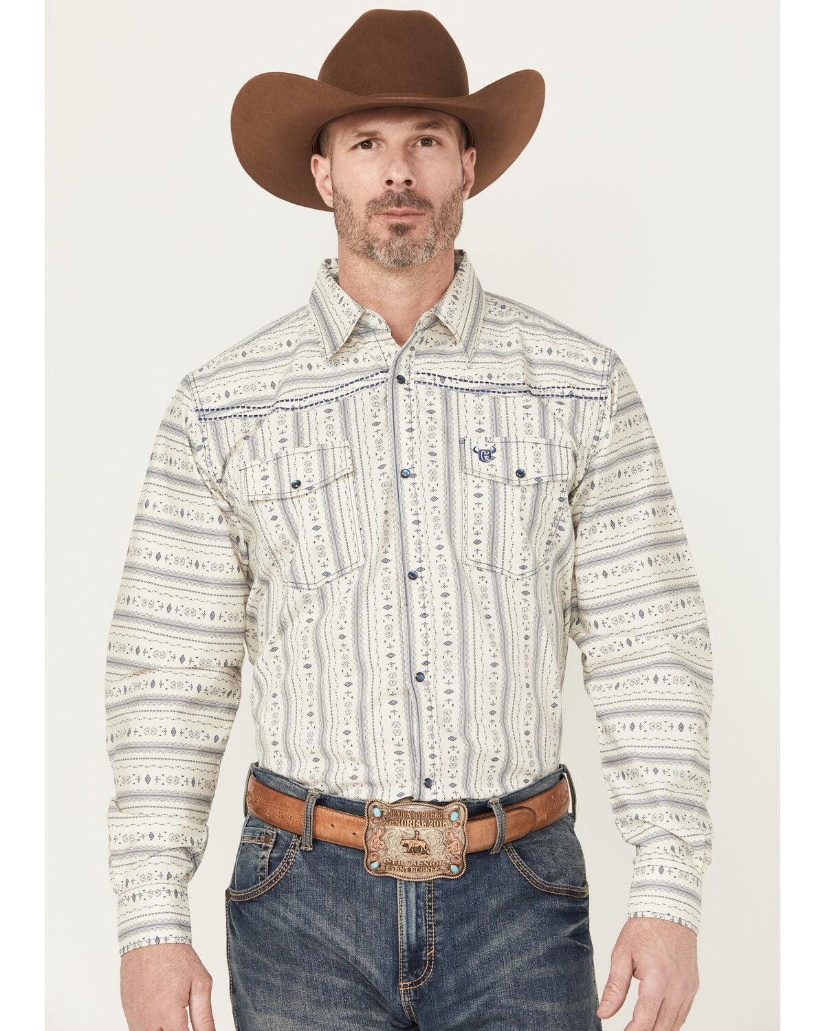Cowboy Hardware Men's Southwestern Striped Print Long Sleeve Snap Stretch Western Shirt, Cream, hi-res