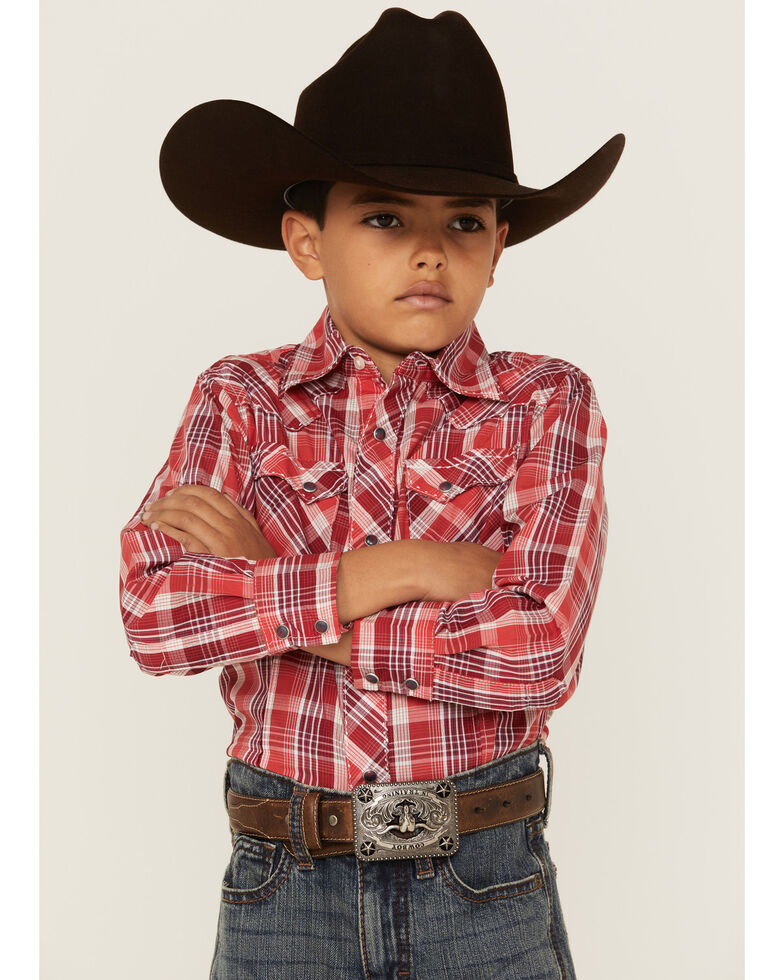 Wrangler Boys' Plaid Snap Western Shirt, Red, hi-res