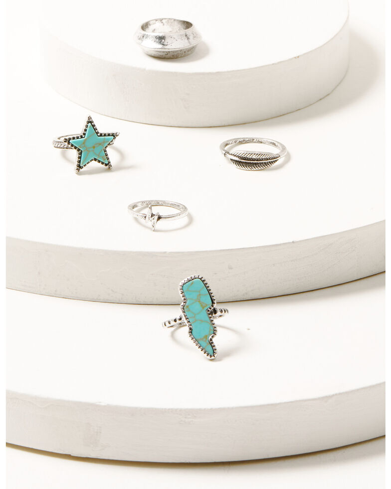 Idyllwind Women's 5-Piece Silver & Turquoise Broken Arrow Ring Set, Turquoise, hi-res
