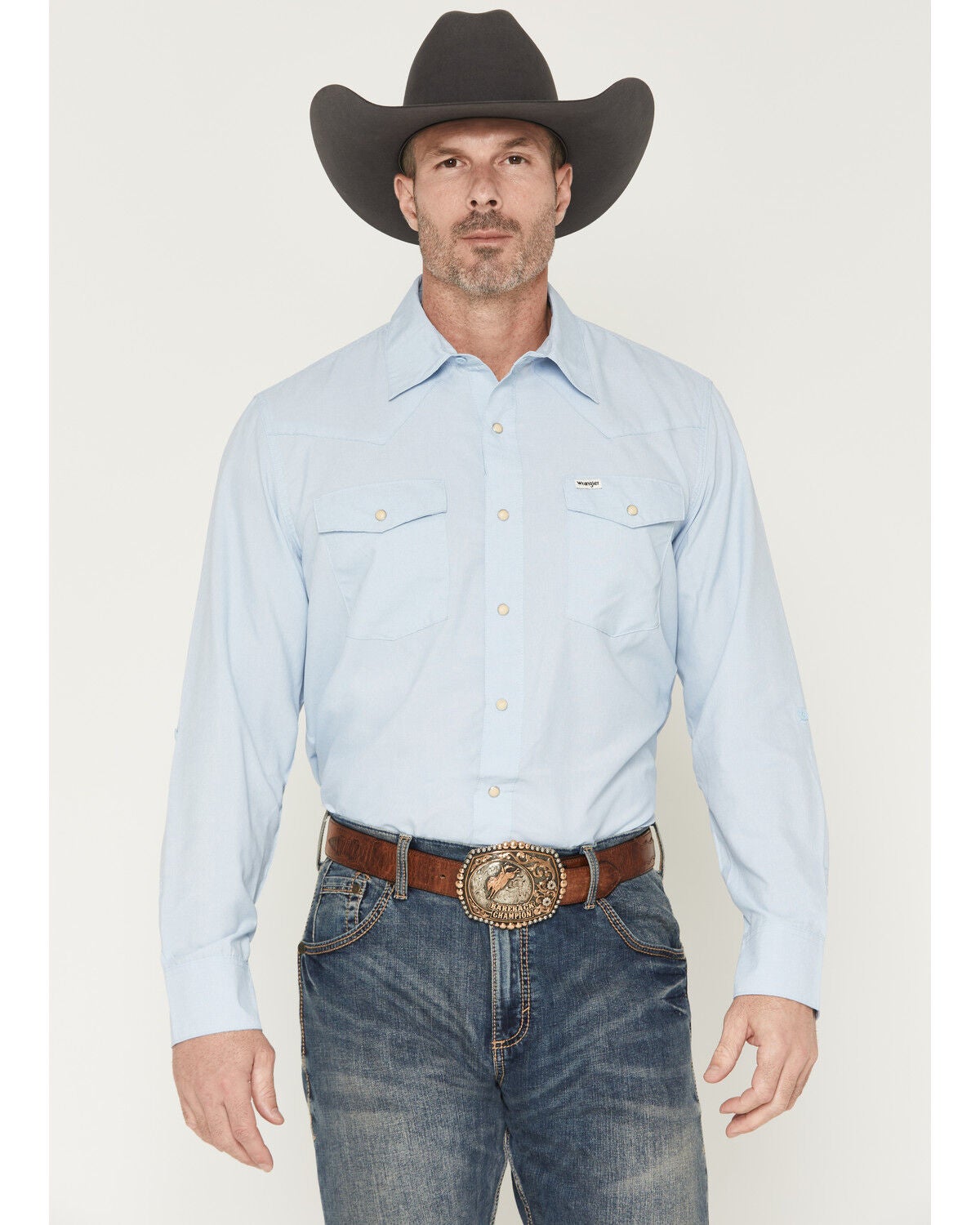 Wrangler ATG Men's Drover Utility Solid Long Sleeve Snap Western Shirt, Blue, hi-res