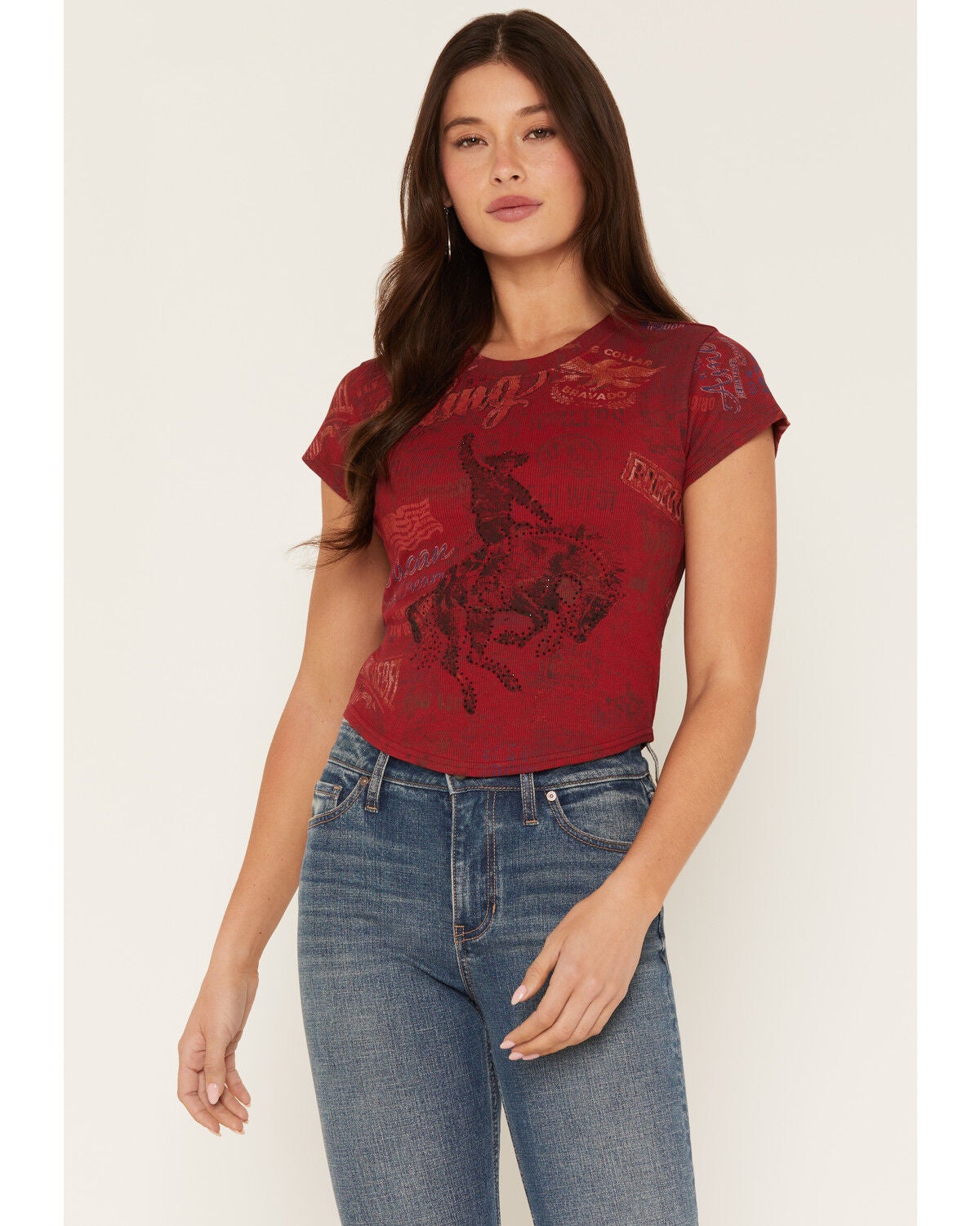 Shyanne Women's Long Live Cowboys Short Sleeve Graphic Tee, Red, hi-res