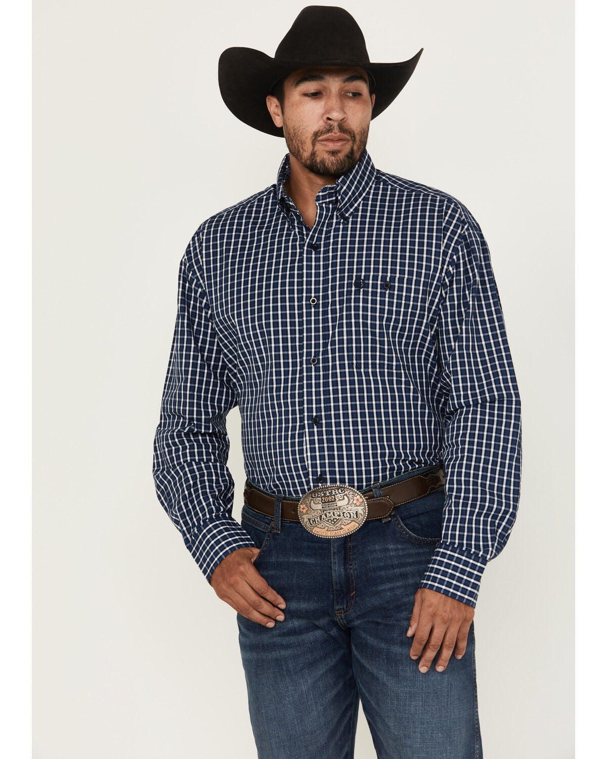 George Strait by Wrangler Men's Plaid Print Long Sleeve Button-Down Stretch Western Shirt, Blue, hi-res