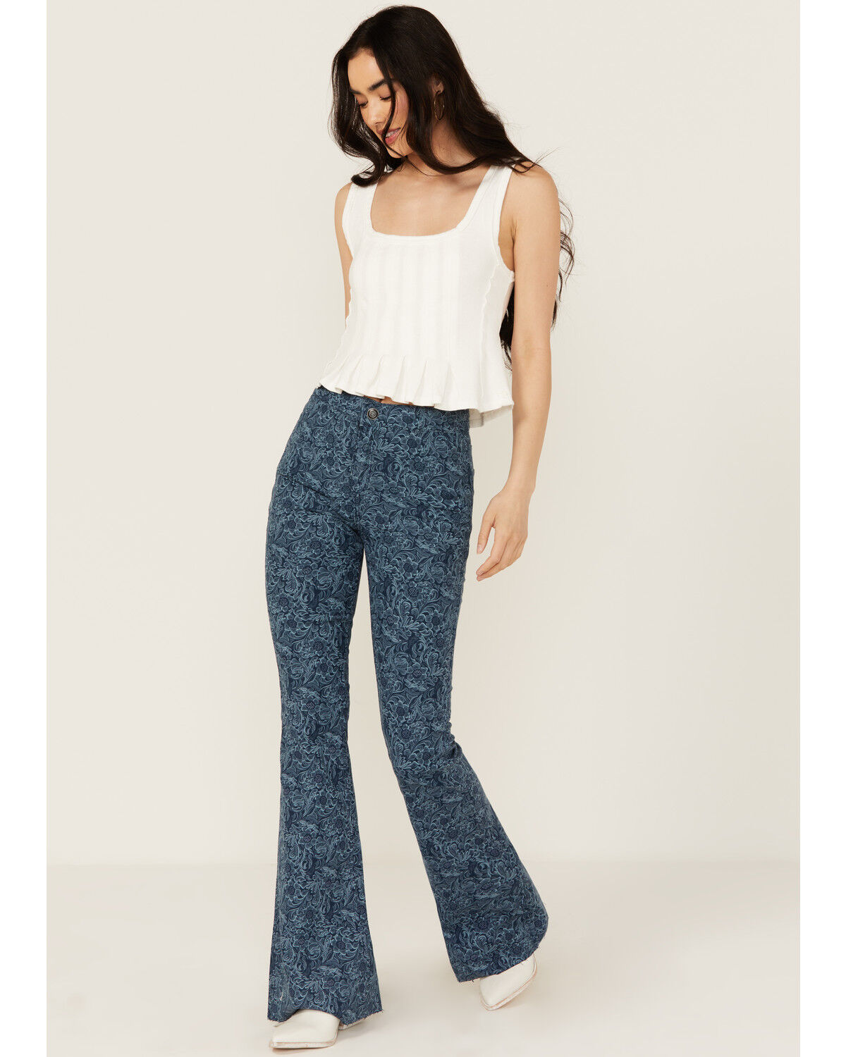 Image #1 - Rock & Roll Denim Women's High Rise Reversible Button Flare Stretch Denim Jeans, Navy, hi-res
