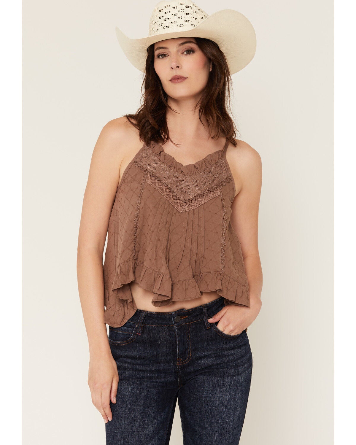 Miss Me Women's Pleated Lace Trim Hanky Hem Top, Brown, hi-res