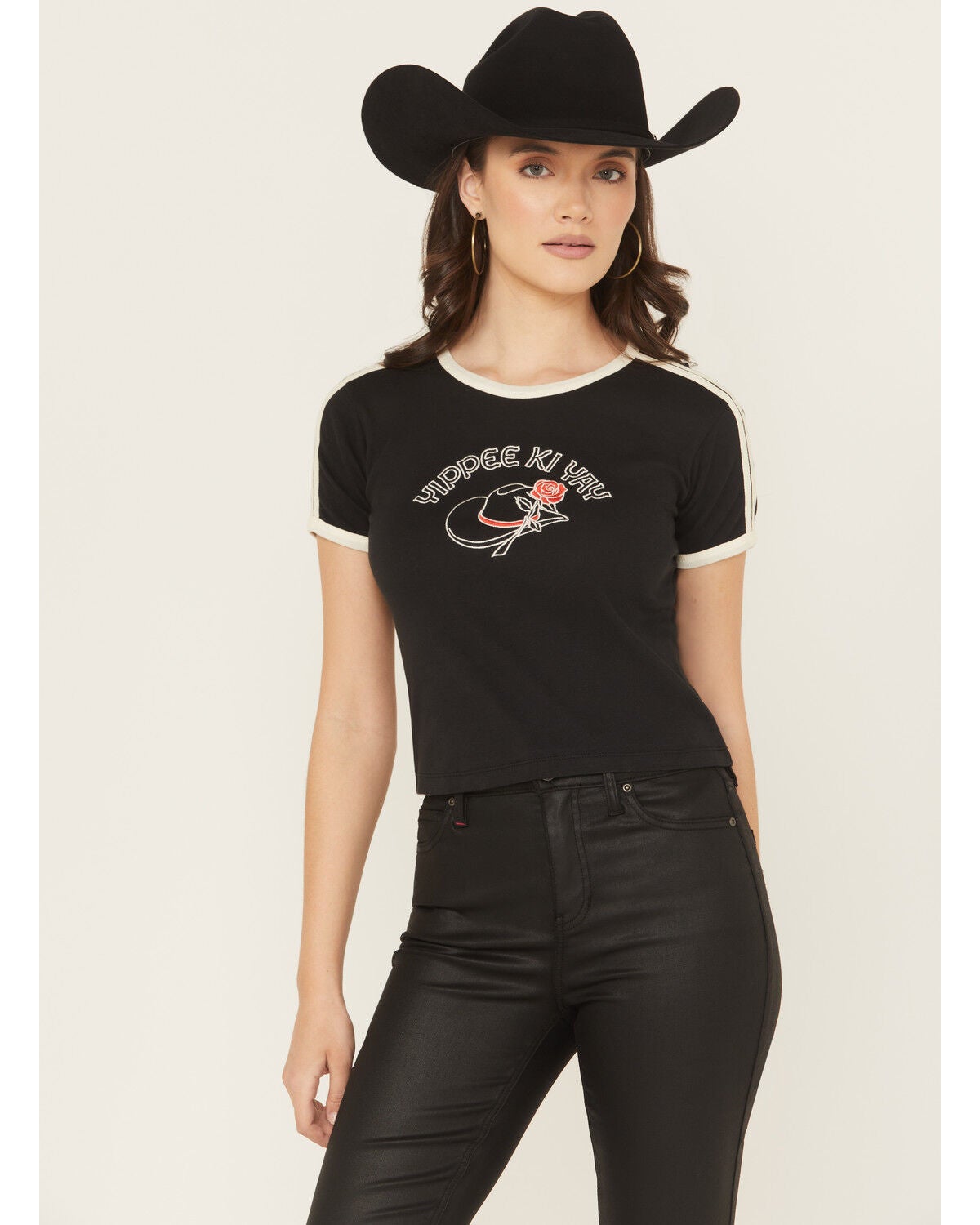 Girl Dangerous Women's Yippee Ki Yay Short Sleeve Ringer Tee, Black, hi-res