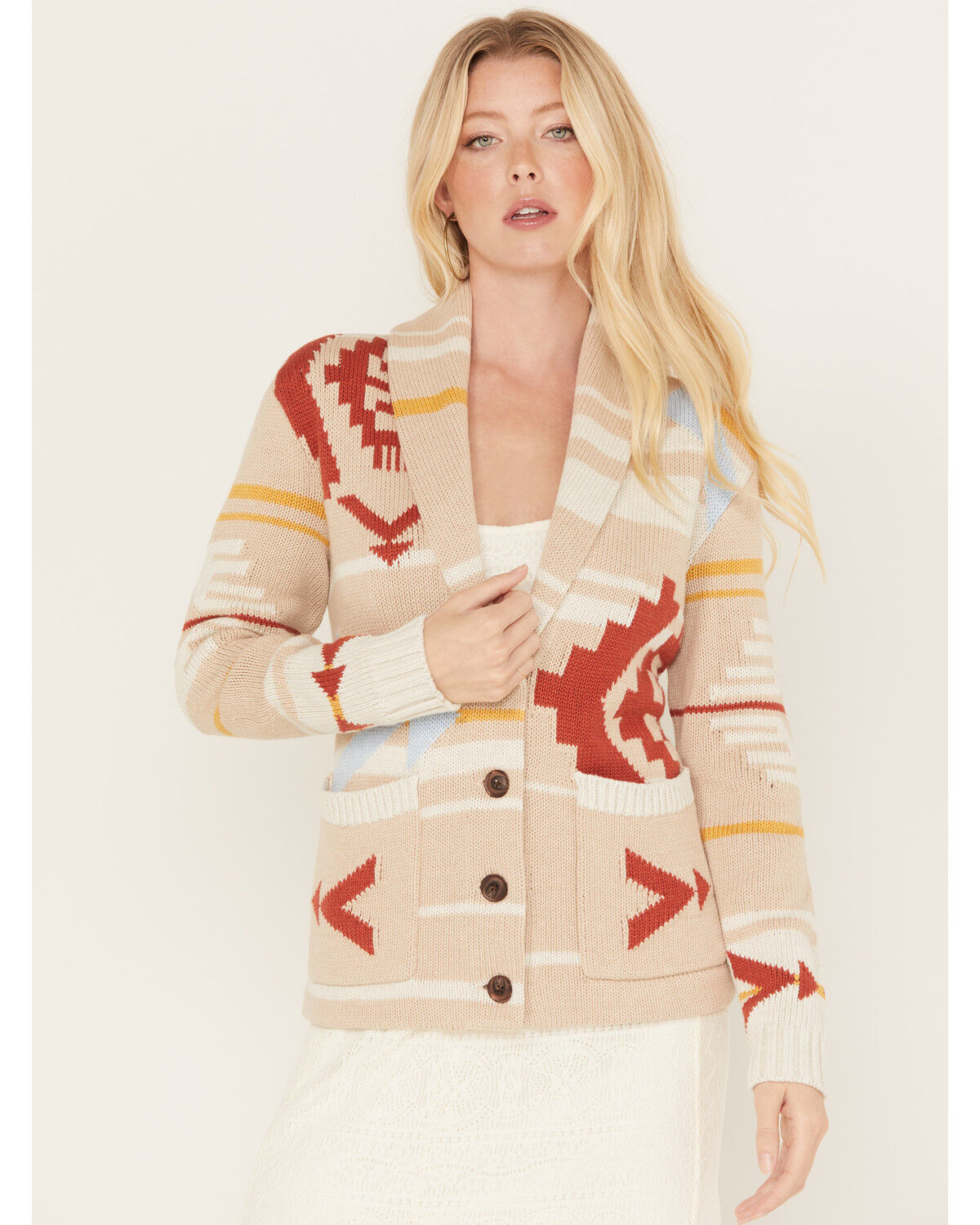 Image #1 - Pendleton Women's Multicolored Print Taos Graphic Cardigan, Cream, hi-res