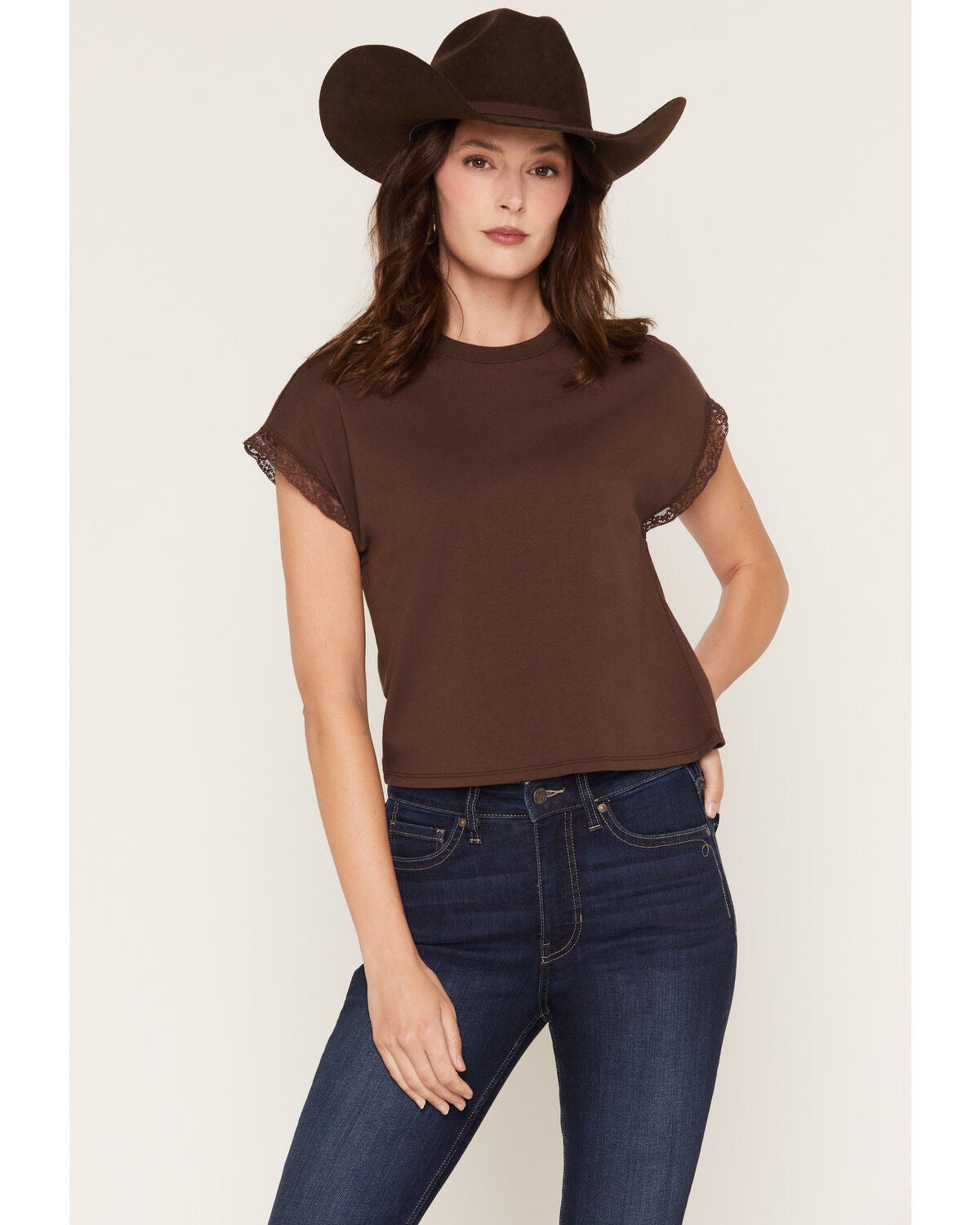White Crow Women's Marika Lace Trim Muscle Tee, Brown, hi-res