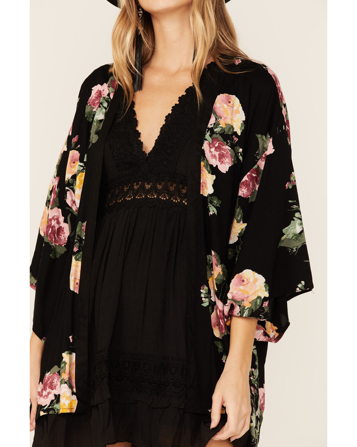 Image #2 - Band of Gypsies Women's Black Floral Kimono, , hi-res