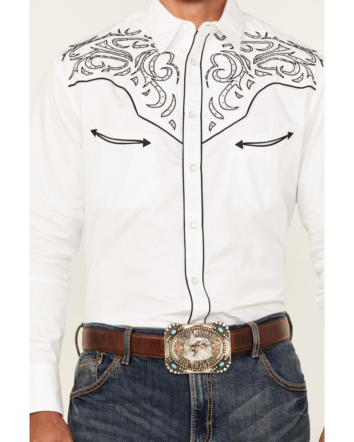 Image #3 - Rodeo Clothing Men's Embellished Yoke Long Sleeve Pearl Snap Western Shirt, White, hi-res