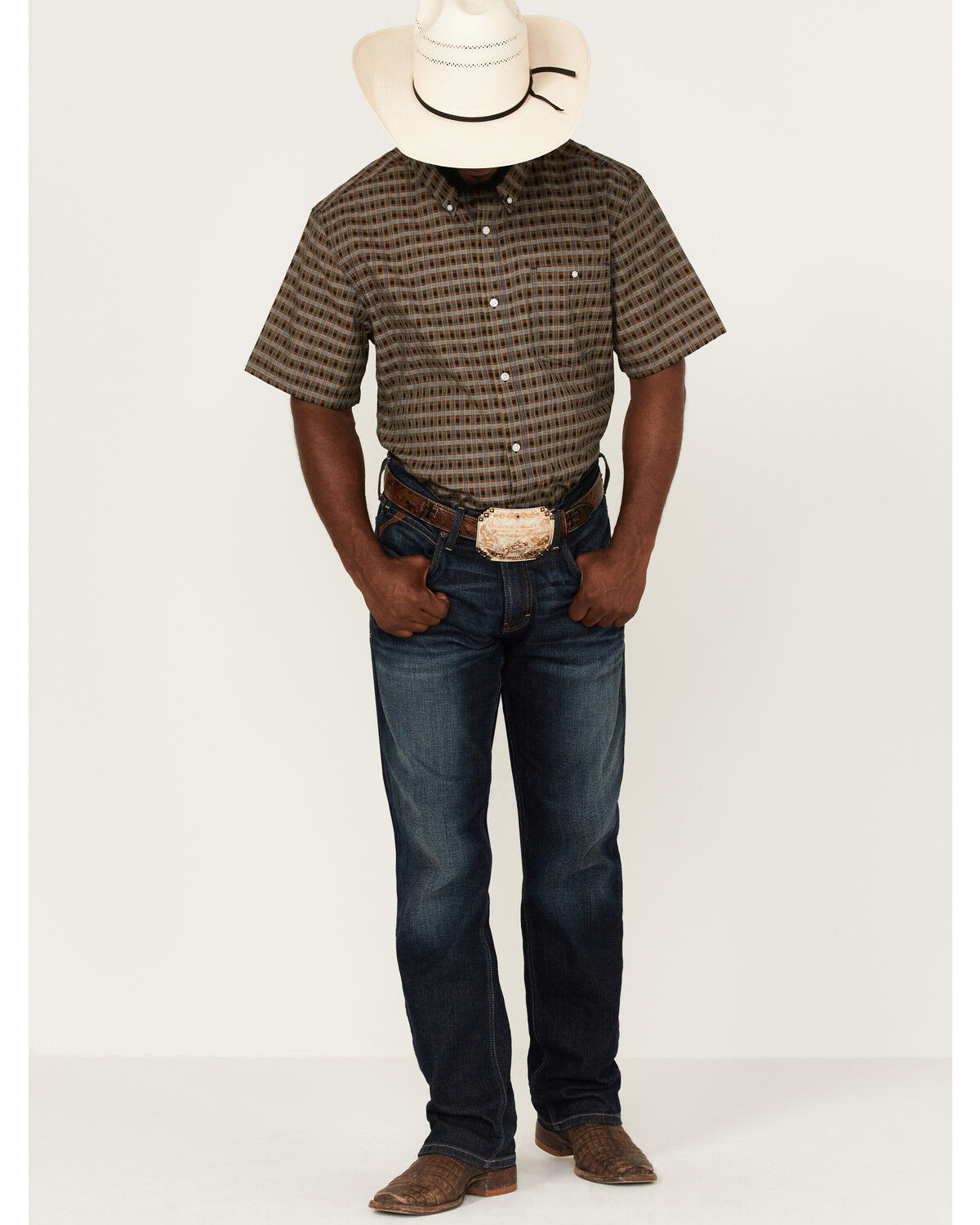 Image #2 - RANK 45® Men's Steer Small Plaid Print Short Sleeve Button-Down Western Shirt, Black, hi-res