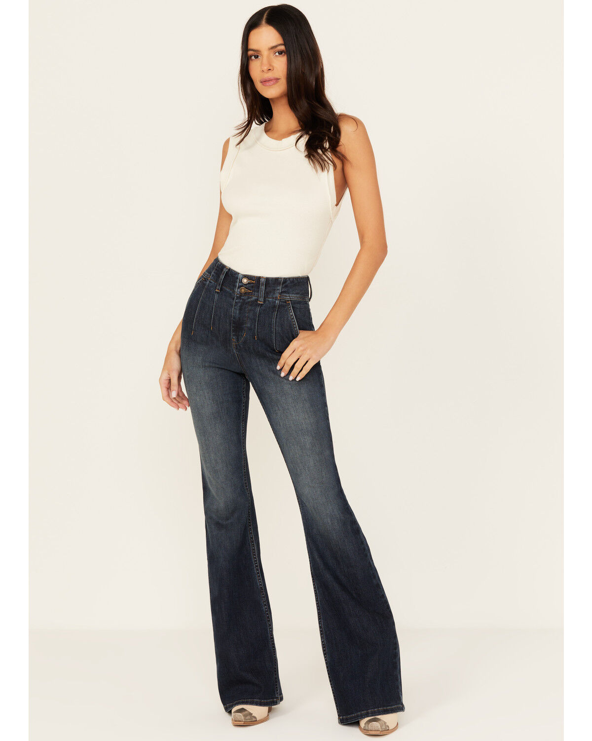 Image #1 - Shyanne Women's Bellflower Dark Wash Darted Waist Comfort Stretch Flare Jeans, Dark Wash, hi-res