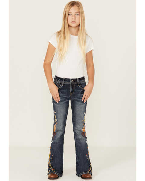 Image #1 - Grace in LA Girls' Medium Wash Cactus Embroidered Stretch Flare Jeans , Medium Wash, hi-res