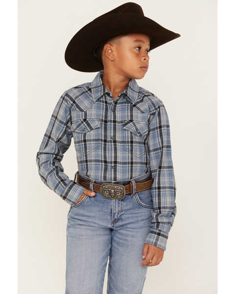 Image #2 - Cody James Boys' Plaid Print Long Sleeve Snap Western Flannel Shirt, Blue, hi-res