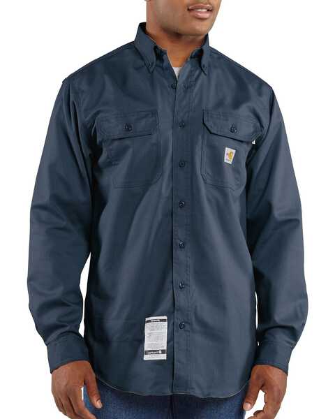 Carhartt Men's FR Solid Long Sleeve Button-Down Work Shirt, Navy, hi-res