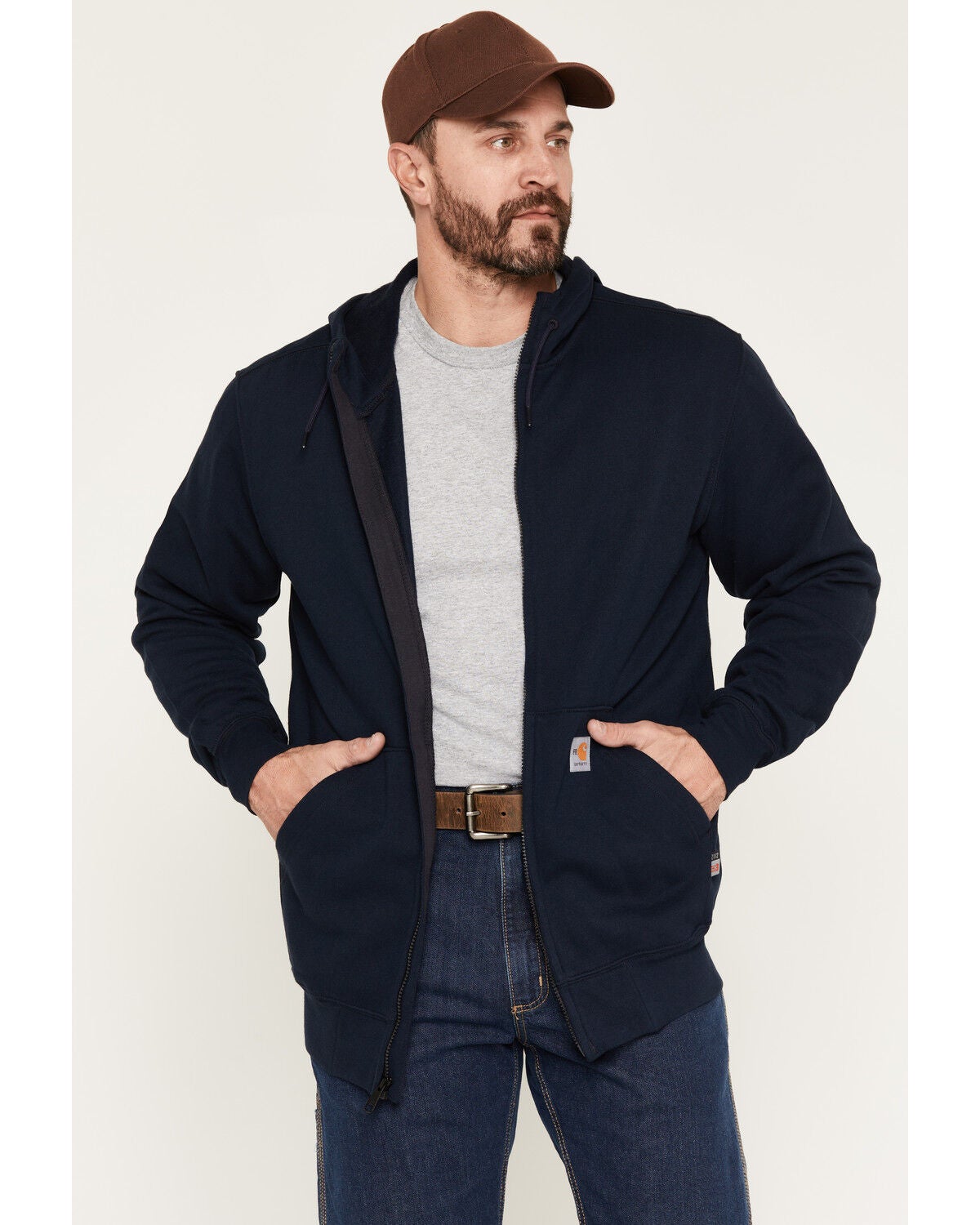 Image #1 - Carhartt Men's FR Force Original Fit Zip-Front Hooded Work Jacket, Navy, hi-res