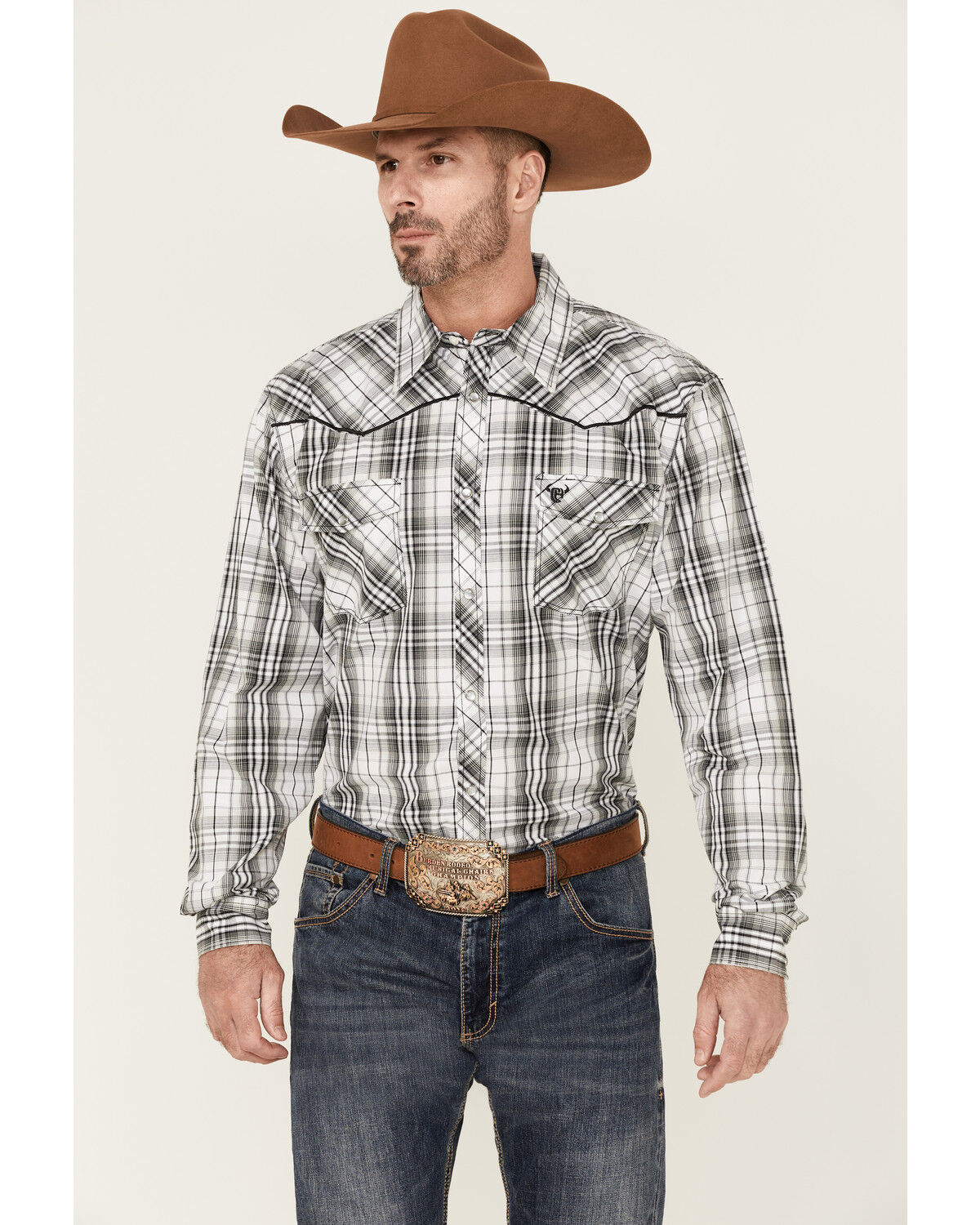 Image #1 - Cowboy Hardware Men's Hermosillo Large Plaid Print Long Sleeve Pearl Snap Western Shirt, Black, hi-res
