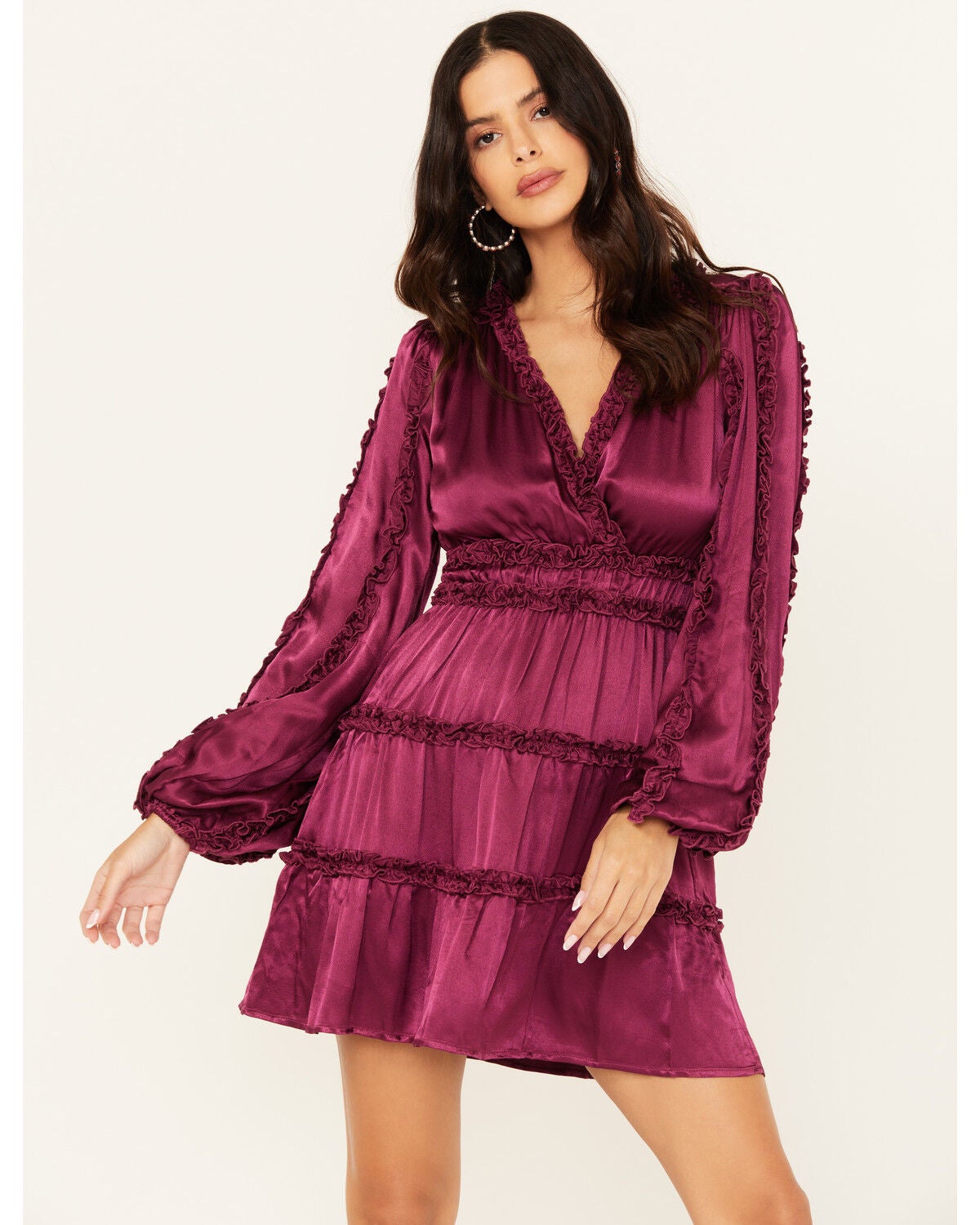 Shyanne Women's Long Sleeve Ruffle Mini Dress, Fuchsia, hi-res