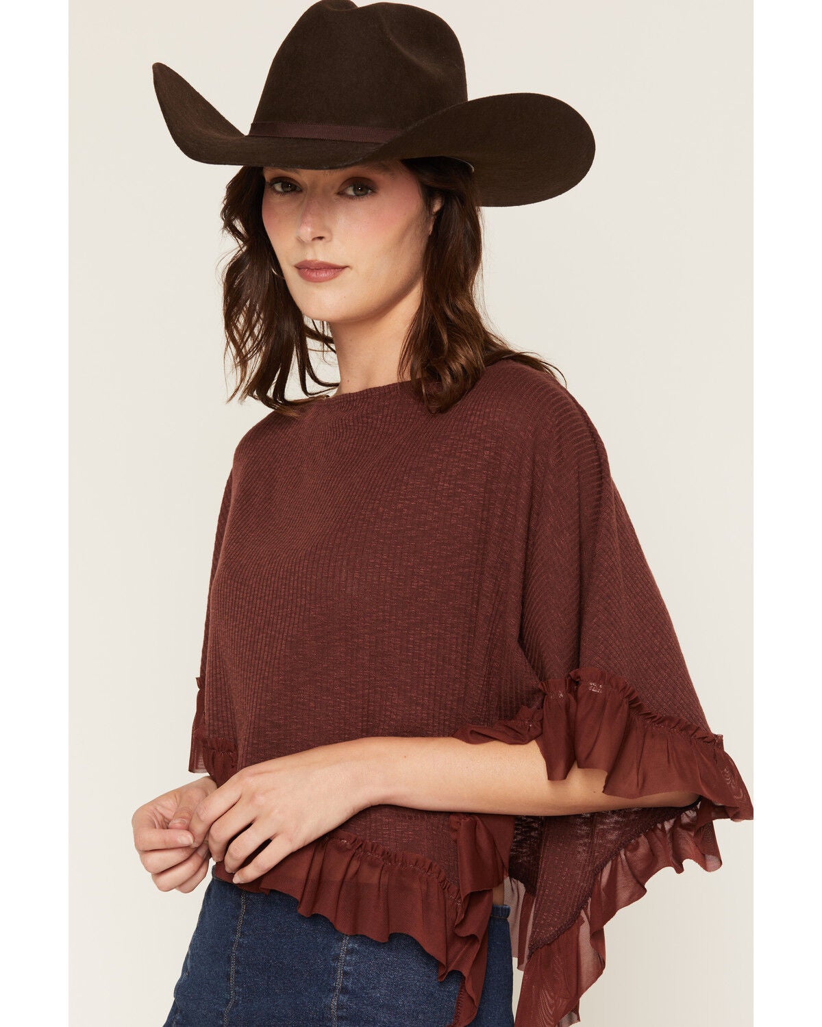 Image #2 - Wild Moss Women's Ruffle Trim Poncho, Burgundy, hi-res