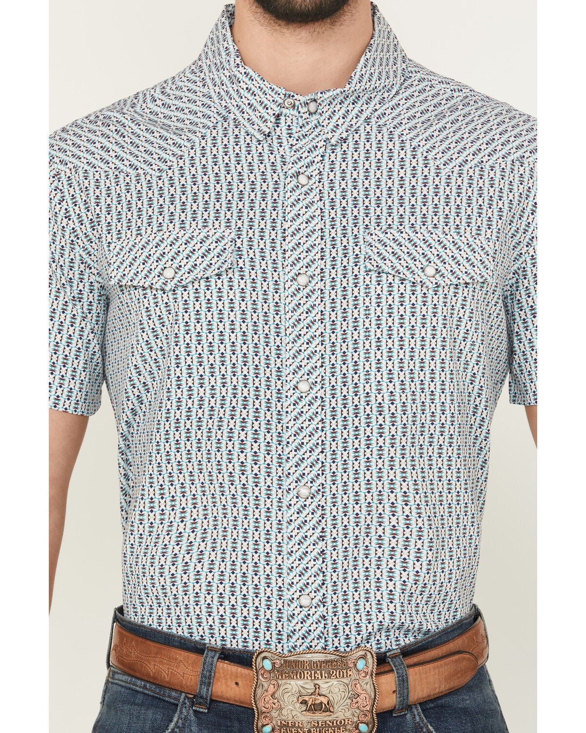 Image #3 - Panhandle Men's Geo Print Short Sleeve Snap Performance Western Shirt, Aqua, hi-res