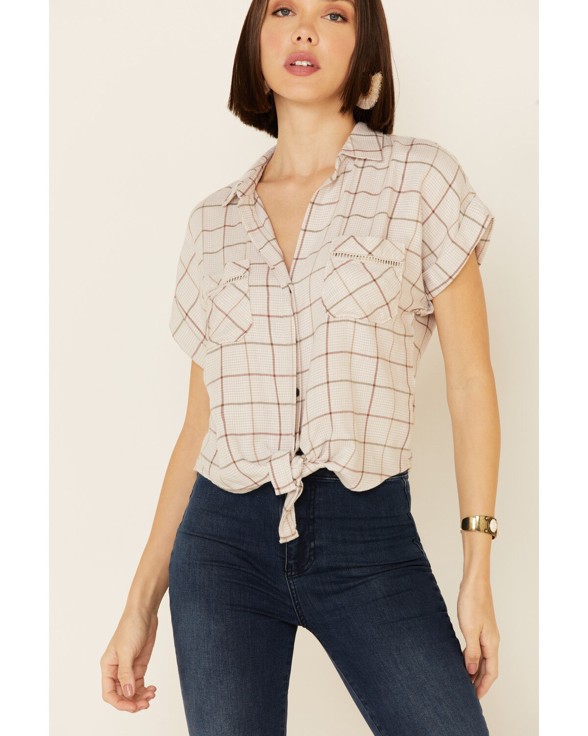 Image #3 - Shyanne Women's Windowpane Plaid Tie-Front Short Sleeve Western Shirt, Tan, hi-res