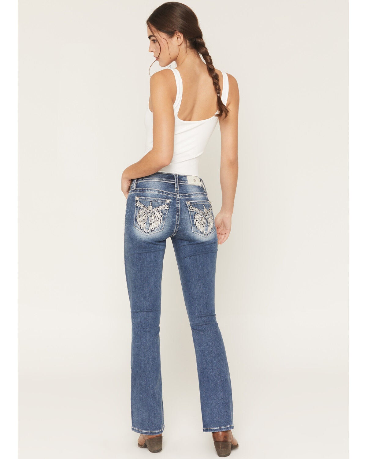 Image #1 - Miss Me Women's Dark Wash Mid Rise Winged Pocket 32" Bootcut Stretch Denim Jeans, Dark Wash, hi-res