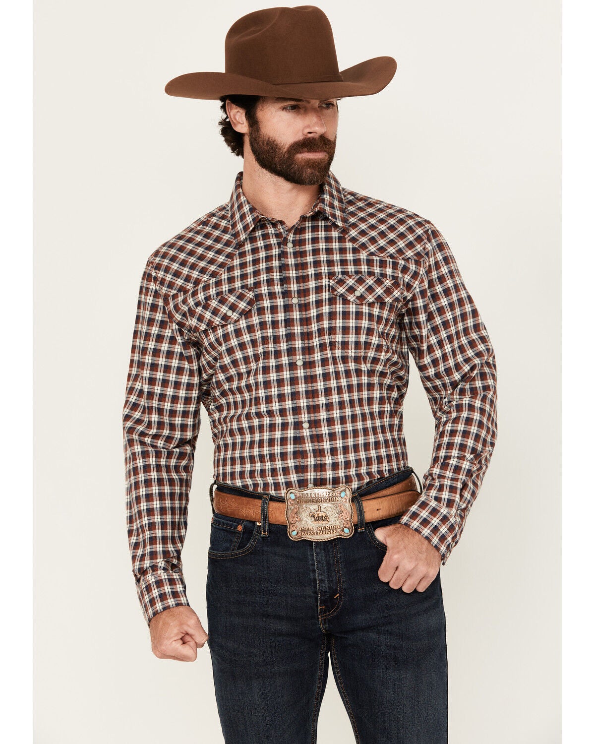 Blue Ranchwear Men's Bryce Plaid Print Long Sleeve Snap Western Shirt, Red, hi-res