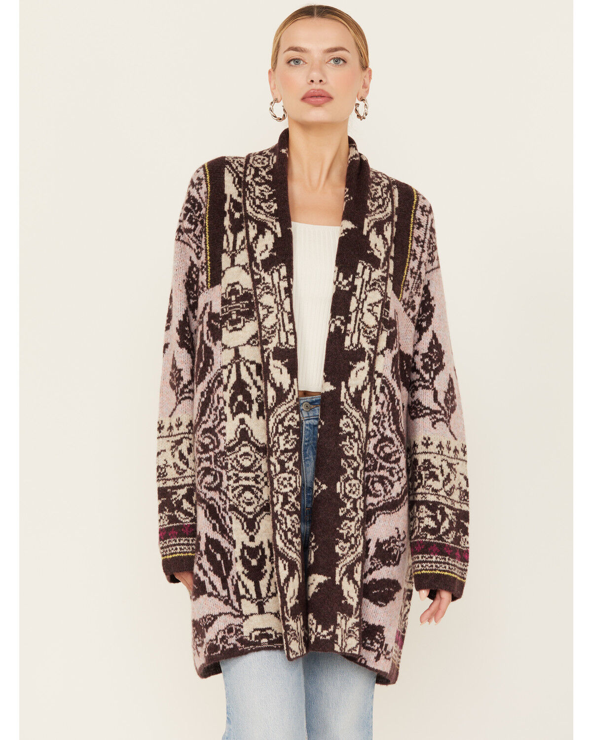 Image #1 - Room 34 Women's Floral Print Jacquard Cardigan, Pink, hi-res