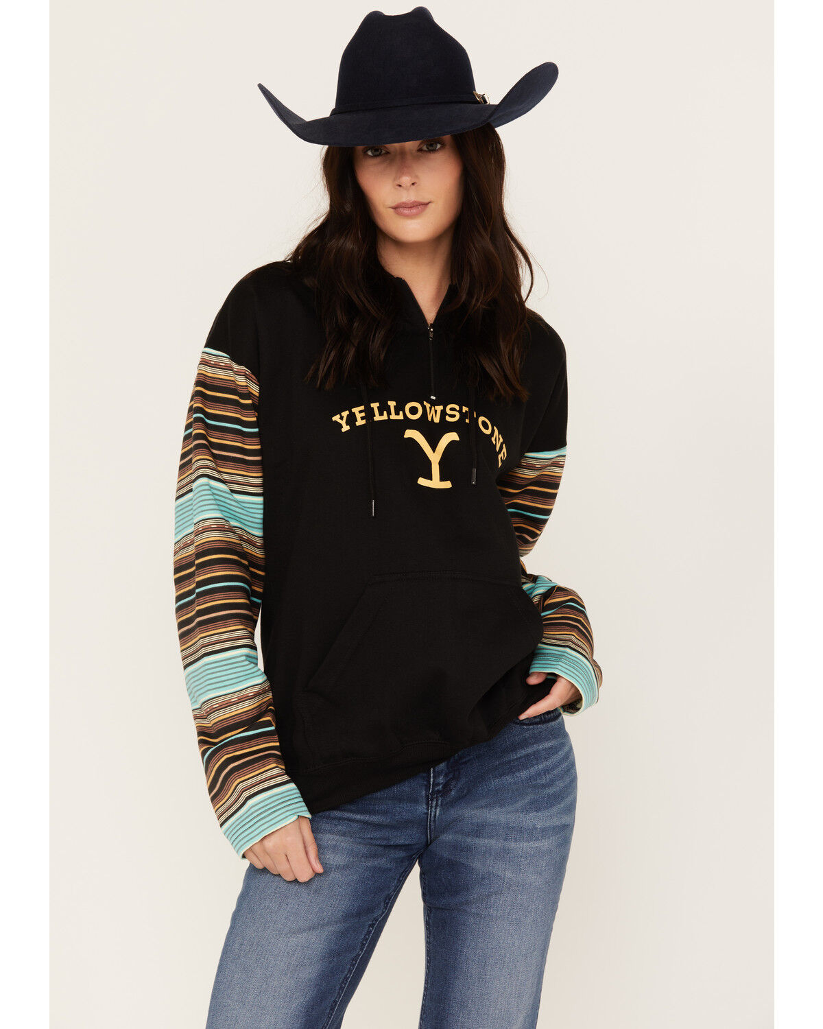 Image #1 - Paramount Network's Yellowstone Women's Serape Striped Print Logo Hoodie, Teal, hi-res