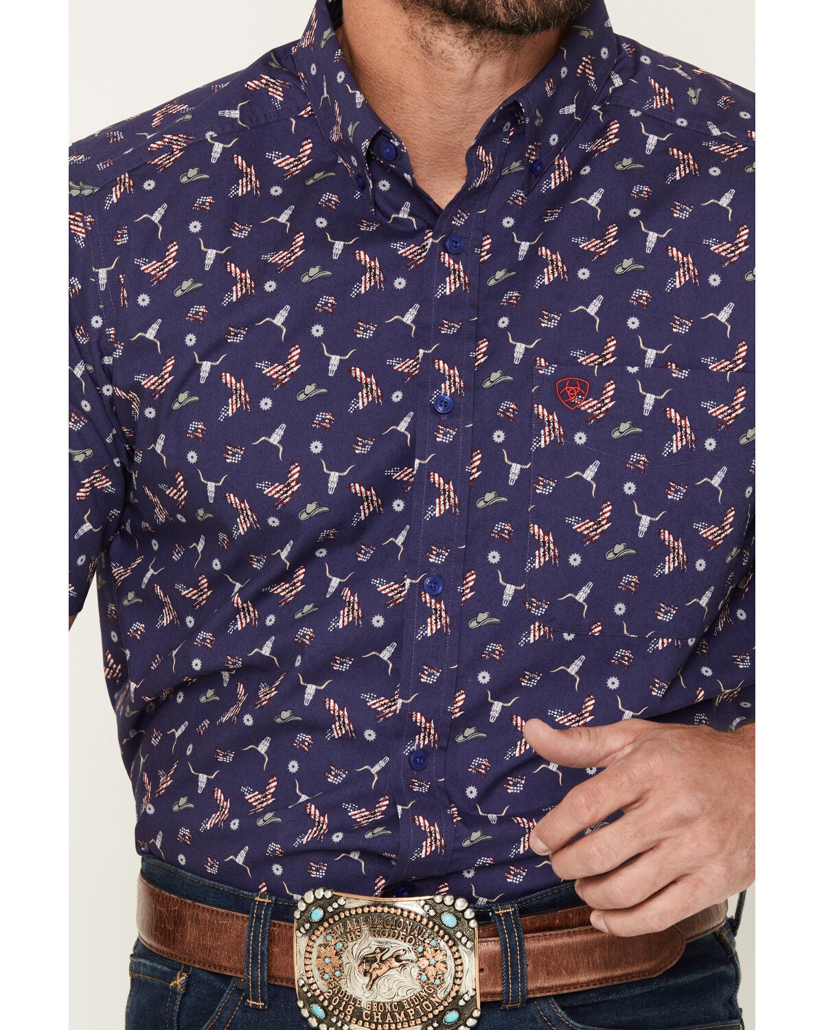 Image #3 - Ariat Men's Berne Americana Print Short Sleeve Button-Down Shirt, Blue, hi-res