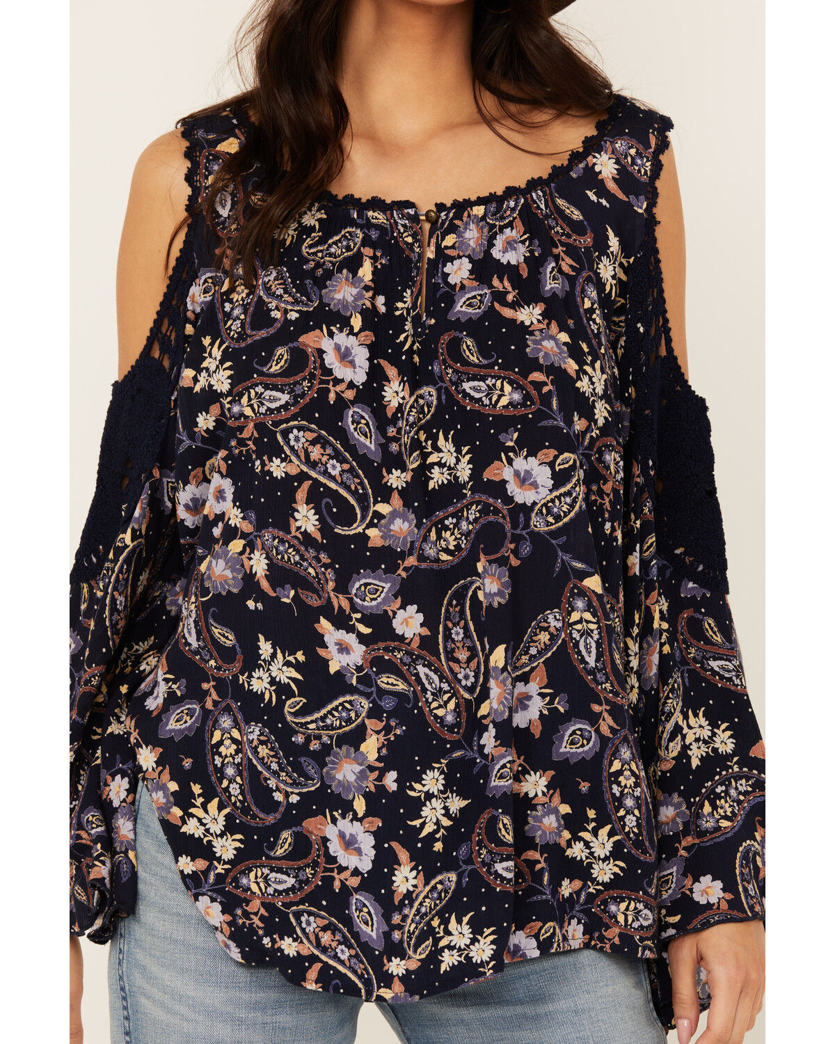 Image #3 - Bila Women's Floral Print Long Sleeve Cold Shoulder Shirt, Blue, hi-res