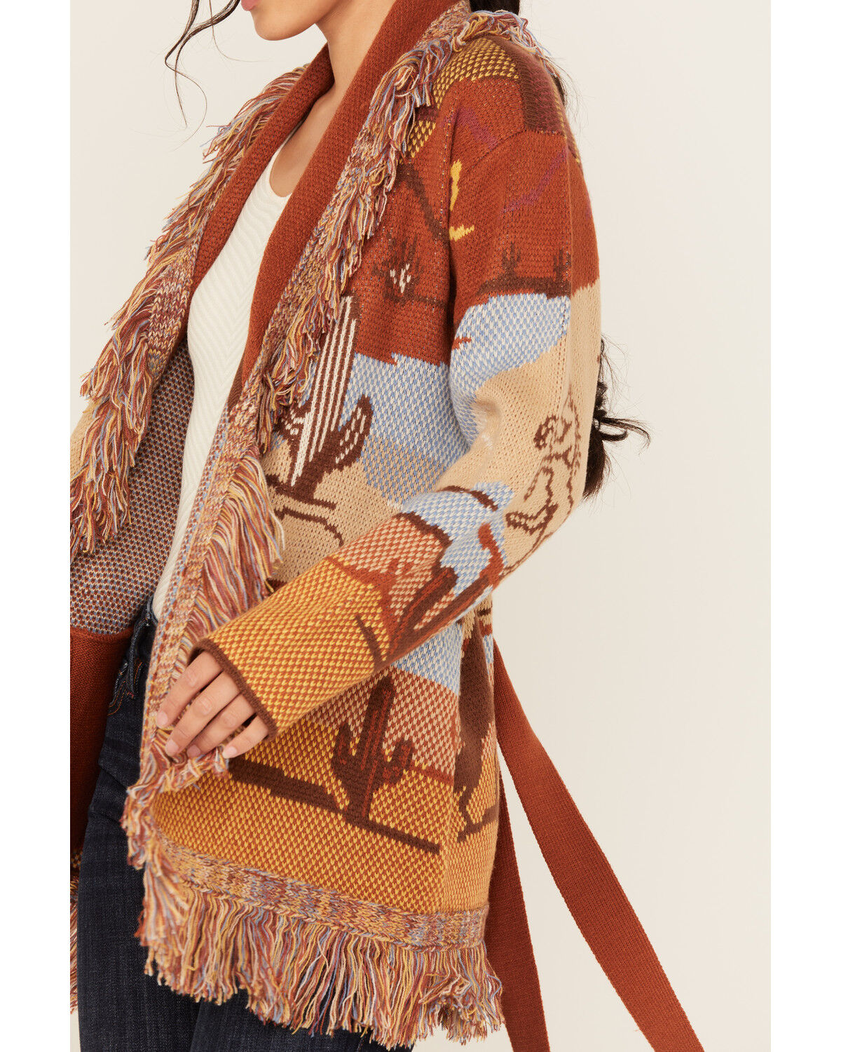 Image #3 - Idyllwind Women's Minette Western Scenic Fringe Cardigan, Lt Brown, hi-res
